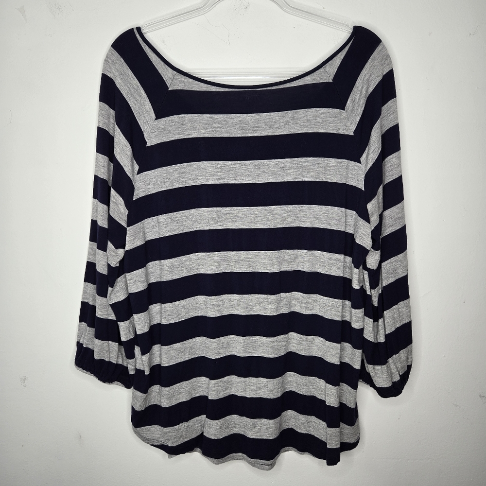 Lane Bryant Jersey Blouse Size 18/20 Blue Gray Striped Balloon Sleeve Light - Picture 3 of 12